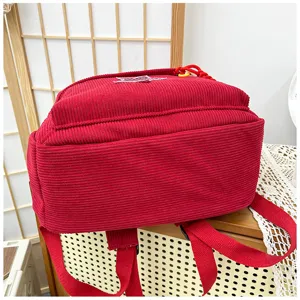 Red corduroy mini backpack, Japanese style sweet cute casual school bag for women and girls.