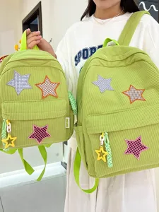 Japanese Ins Style Corduroy Backpack For Girls Sweet Star Patchwork Casual School Backpack Waterproof Travel Bag For Women