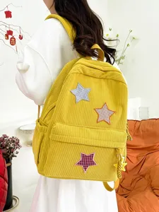 Yellow corduroy backpack for women sweet style cute star patch school bag casual daypack