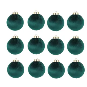 Bolas de Navidad de terciopelo verde oscuro juego de 12 para colgar en el árbol.