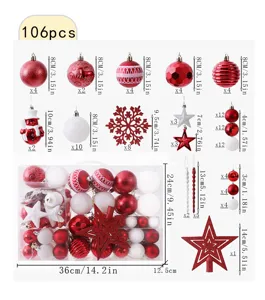 106 pcs set bolas de navidad rojo blanco purpurina mate plástico decoración colgante
