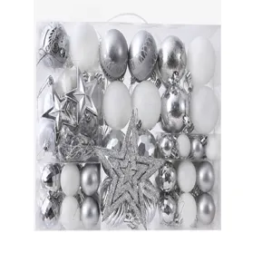 Set de bolas de Navidad plateadas y blancas de plástico decoración para árbol navidad