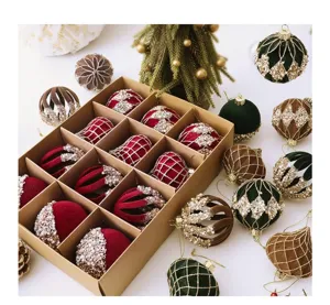 Bolas de navidad flocadas 6cm adornos de terciopelo para arbol de navidad set 12pz
