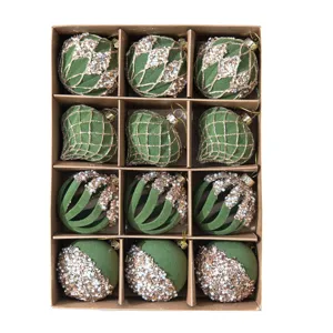 Bolas de Navidad flocadas verdes 12pcs 6cm en caja para decoración festiva del árbol