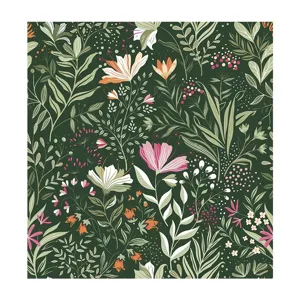 Primer plano detallado del patrón de papel pintado floral botánico retro con fondo verde oscuro.