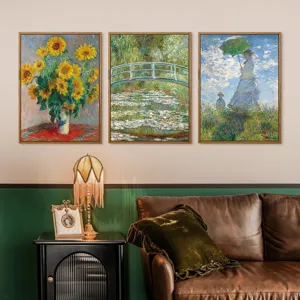 Dreiteiliges Vintage Monet Leinwand Wandkunst Set gerahmte Ölgemälde für die Heimdekoration.