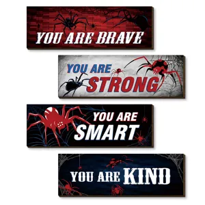 Cartoon spider wooden wall plaque sign with motivational quotes for boy bedroom decor.