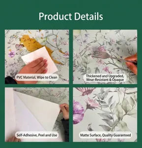 Papier peint autocollant PVC fleurs fraîches, surface mate imperméable, facile à coller.