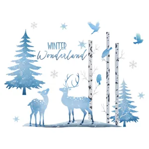 Blue watercolor winter deer wall sticker for Christmas home decor, PVC self-adhesive decal.