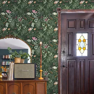 Papel pintado floral botánico retro verde oscuro impermeable adhesivo de pared decorativo