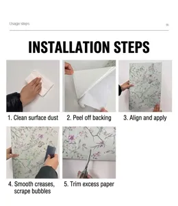 Détail des étapes d'installation pour appliquer facilement du papier peint floral adhésif.