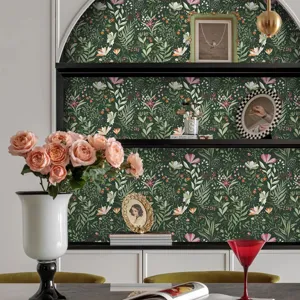 Papel pintado floral botánico retro verde oscuro para decoración de paredes de dormitorios.