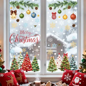 Weihnachten Fensterbilder PVC Statisch Schneeflocke Weihnachtsbaum Aufkleber Mattiert Glastür Dekoration Für Zuhause Geschäft