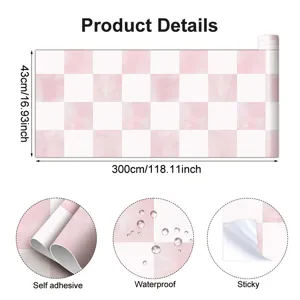 Carta da parati adesiva a quadri rosa e bianco, rotolo impermeabile 43x300cm.