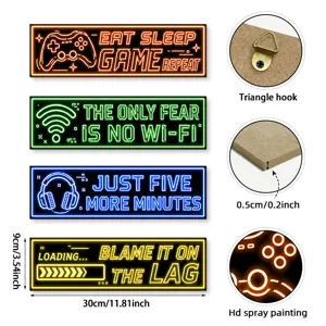 Wooden e-sports room wall hanging signs, gamer decor set with cool neon quotes, 30x9cm.