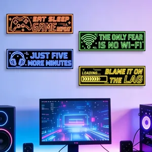Detail view of gaming wooden wall plaques featuring fun neon-style quote designs.