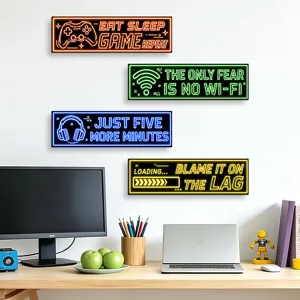 Gaming room wall decor wooden hanging signs set, LED neon style gaming quotes wall art