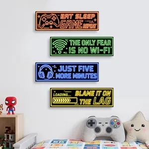Wooden Gaming Room Wall Decor Sign Eat Sleep Game Repeat Neon Style Controller Wood Plaque For Gamer Bedroom Game Room Wall Art