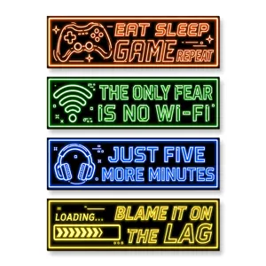 Gaming wooden hanging sign for esports room wall decor with neon style design and quotes.