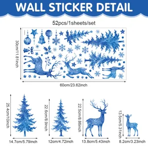 Christmas window wall sticker blue watercolor elk snowflake tree static PVC holiday decor 52pcs