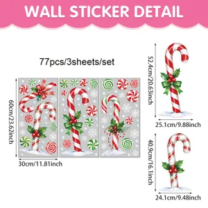 Christmas candy cane wall stickers 77pcs 3 sheets window decals festive holiday decor