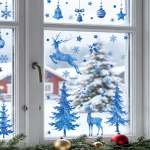 Blue watercolor Christmas window stickers featuring elk, trees and snowflakes for holiday decor.