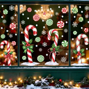 Christmas Candy Cane Peppermint Snowflake Window Static Cling Stickers PVC White Snowflake Clings For Holiday Home Glass Window Decoration