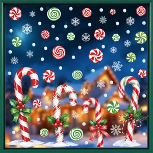 Christmas candy cane glass window stickers, PVC static snow and peppermint decals for holiday.