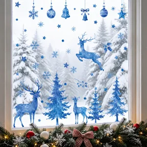 Christmas Window Stickers Blue Snowflake Elk Christmas Tree Static PVC Decals Winter Holiday Glass Decor For Home Party