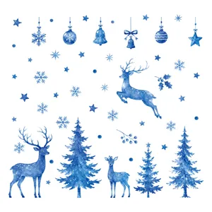Blue watercolor Christmas window stickers, reindeer, snowflakes, and trees for holiday decor.