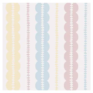 Détail de papier peint géométrique coloré avec des rayures verticales et motifs vagues.