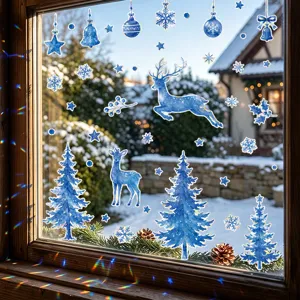 Noël bleu aquarelle autocollants de fenêtre statique PVC cerf flocon de neige arbre déco