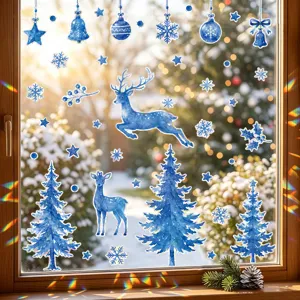 Autocollants de fenêtres de Noël aquarelle bleue, decalcomanies PVC statiques avec cerfs pour décor.