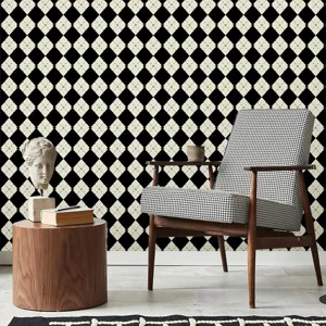 Modern black and white argyle self-adhesive PVC wallpaper for stylish home wall decor.
