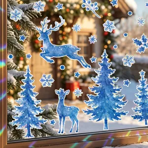 Noël cerfs bleus autocollants statiques pour fenêtre PVC et décorations en verre.