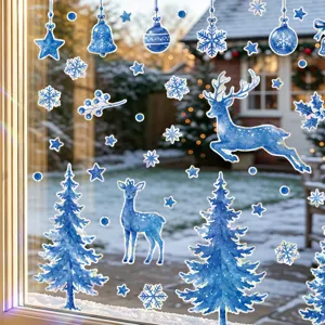 Autocollants Statiques de Fenêtre Flocon de Neige Renne Noël Laser PVC Stickers Porte Vitrée Élan Sapin Maison Décorations de Noël Maison