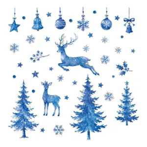 Autocollants statiques de Noël aquarelle bleue cerf flocons de neige arbres déco
