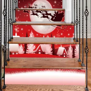 Christmas Stair Stickers PVC Self Adhesive Staircase Decals Santa Claus Reindeer Snow Scene Wall Mural For Holiday Decoration