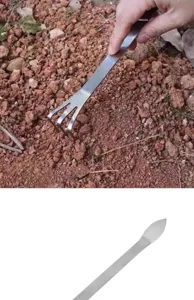 Détail d'outil de bonsai en acier inoxydable avec râteau et spatule pour travail du sol.