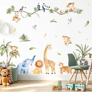 Kids room jungle animal wall stickers, cute cartoon PVC self-adhesive wall decor decals for kids.
