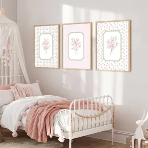 3er Set rosa Blumen Wandbild gerahmte Leinwand Malerei für Kinderzimmer Schlafzimmer Deko.