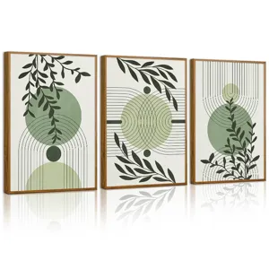 Closeup detail view of modern boho green plant line art framed canvas wall art, set of 3.