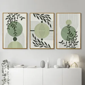 Modern bohemian botanical line art canvas painting framed for living room decor style.
