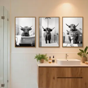 Juego de 3 lienzos enmarcados vaca de las Tierras Altas baño decoración divertida.