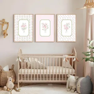 Rosa Blumen Leinwand Wandkunst Set mit Holzrahmen, elegante botanische Deko für Kinderzimmer.