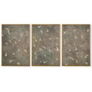 Modern 3-piece framed canvas wall art set with abstract flying birds, perfect living room decor.