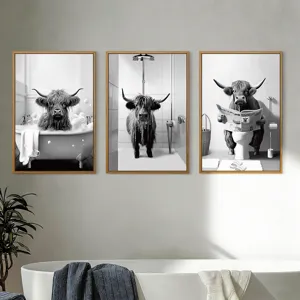 Arte de Pared de Baño Vaca de las Tierras Altas Impresiones en Lienzo Conjunto Con Marco Animal Divertido Bañándose Blanco y Negro Pinturas Decorativas
