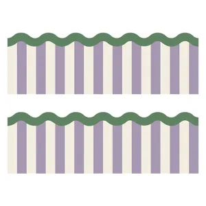 Sticker mural géométrique bohème avec bordure ondulée verte et rayures verticales violettes.
