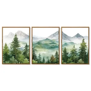 Nordic watercolor mountain forest wall art 3-piece framed canvas painting home decor