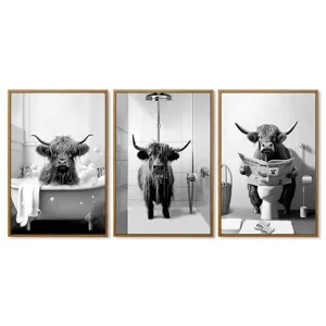 Set de 3 cuadros en lienzo de vaca Highland, decoración de pared de baño en blanco y negro con marco.